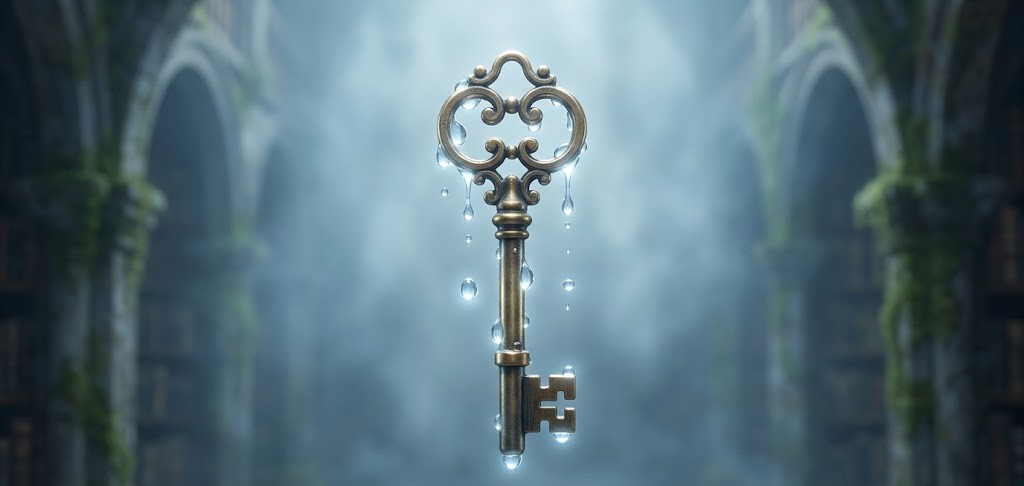 蛇口が止まらない夢の意味と、感情の制御（心理的境界線）を象徴する、水滴を纏う黄金の鍵