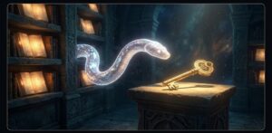 蛇の夢が示す生命の防衛本能と内なる秩序の調律を象徴する、深淵な知恵の写本と黄金の鍵。