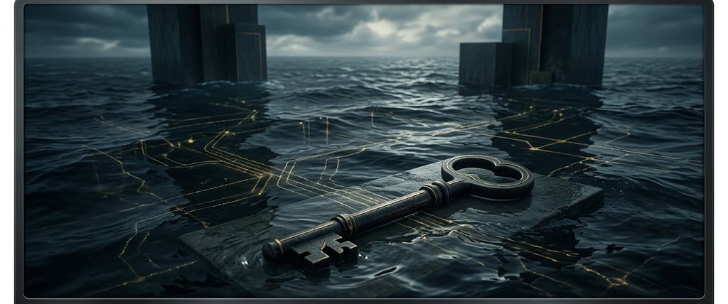 荒波の中に浮かぶ黄金の鍵と、深層心理を象徴する水中回路。水の夢と自律神経の関係を解き明かす論理夢哲学の視覚化。