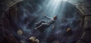 落ちる夢の深層心理と心身を調律するリセット信号を象徴する、深淵へと静かに降りていく普遍的な人影と、 Shed された過去の象徴、そして上部からの冷徹な光を捉えた格調高い概念図。Dream Codexの論理夢哲学に基づく描写。