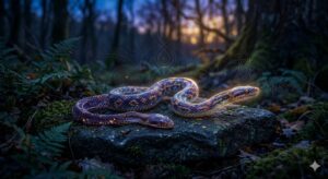 蛇の夢をユング心理学的視点で象徴化した、脱皮し再生する生命エネルギーの静寂なイメージ