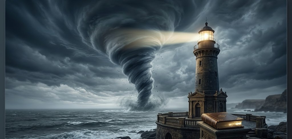 竜巻の夢が象徴する心のカオスを、論理という光で貫く灯台の風景。パニックの調律法と自律神経のサインを説く。