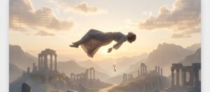 空を飛ぶ夢の象徴として、黄金の鍵を手に古代遺跡の上を静かに浮遊する人物。精神的な解放と論理夢哲学による自由な思考の状態を表現。
