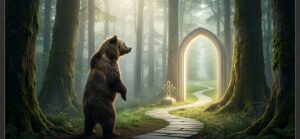 深い霧が立ち込める森で、光り輝くアーチ状の門を見つめる熊の姿。圧倒的な圧迫感を克服し、内なる聖域へと至る論理夢哲学的な調律を象徴する風景。