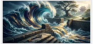 崩壊する石壁の境界線を越えて押し寄せる、黄金の光を帯びた巨大な津波の夢。手前には論理夢哲学の象徴である黄金の鍵が置かれている。Dream Codexが提唱する「運命の調べ」と自律神経の調律を表現した格調高い精神風景。