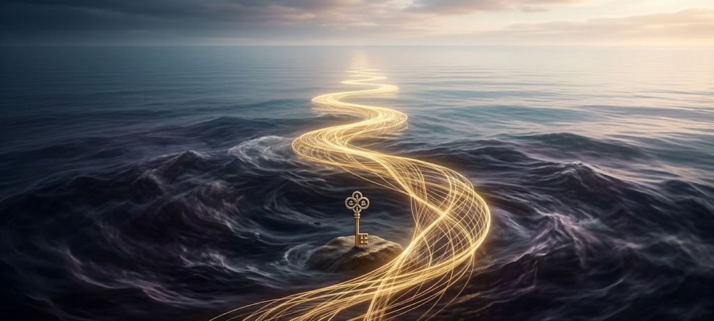 荒波から凪へと続く光の路と浮かび上がる黄金の鍵。溺れる夢が示す自律神経の緊急停止と調律を論理的に表現した、Dream Codexのアイキャッチ画像。