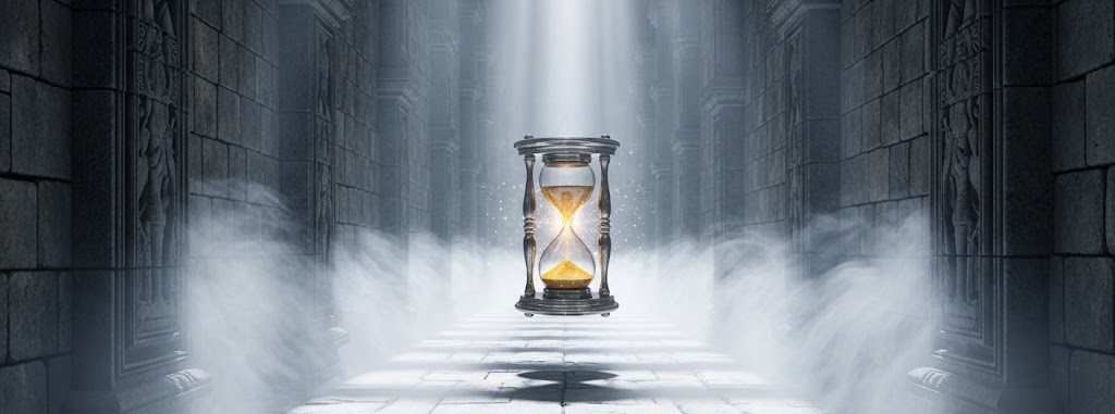 暗い霧の廊下に浮かぶ、内なる叛逆を調律する黄金の盾。不良の夢が暗示する生命の防衛本能と秩序への回帰を象徴する。