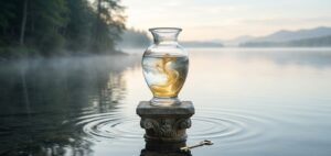 トイレの夢が象徴する心のデトックスと境界線の調律を表現した、静謐な水辺に置かれた透明な器と黄金の鍵。