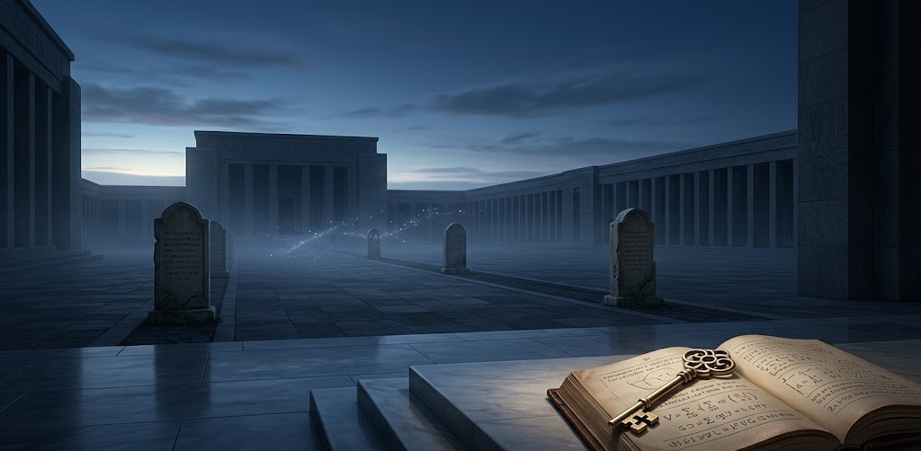 無人の広大な神殿に置かれた黄金の鍵と写本。論理夢哲学による境界線の再編と聖域の確立を象徴する、人がいなくなる夢の暗示。