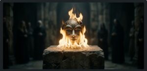 夢の中の炎上は「仮面を焼く浄化の炎」という論理夢哲学の概念。暗い石造りの空間で、仮面が黄金の炎に包まれている。