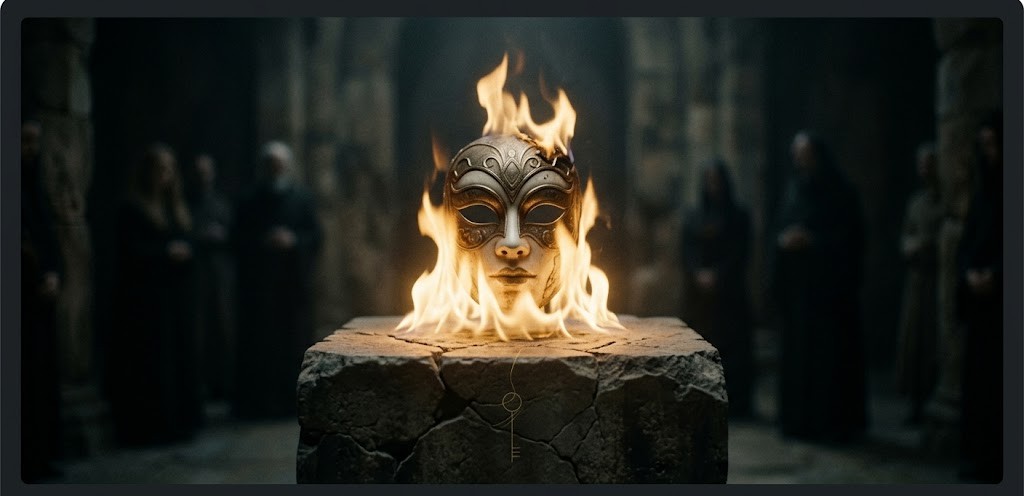夢の中の炎上は「仮面を焼く浄化の炎」という論理夢哲学の概念。暗い石造りの空間で、仮面が黄金の炎に包まれている。