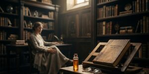 膝の夢が象徴する人生の土台と内なる秩序の調律を表現した、静謐な書斎と古い写本のイメージ。