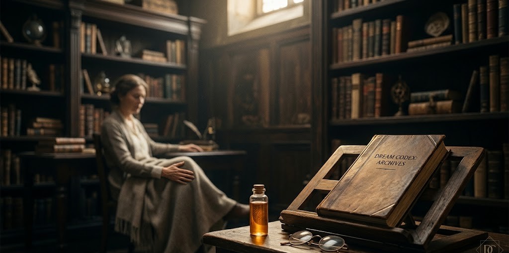 膝の夢が象徴する人生の土台と内なる秩序の調律を表現した、静謐な書斎と古い写本のイメージ。