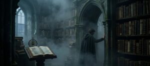 深い霧が立ち込める古めかしい書庫で、自身の姿を隠すように本棚の影へと沈み込む人影のイメージ。隠れる夢が象徴する、深層心理の防衛本能と向き合う論理夢哲学の視点。