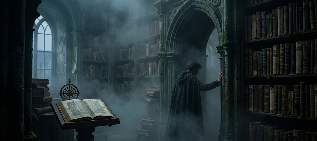 深い霧が立ち込める古めかしい書庫で、自身の姿を隠すように本棚の影へと沈み込む人影のイメージ。隠れる夢が象徴する、深層心理の防衛本能と向き合う論理夢哲学の視点。