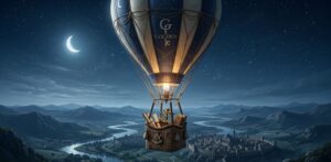 精神の静寂を象徴する夜空を、内なる秩序へと導く黄金の気球が穏やかに飛行する、論理夢哲学的な風景。