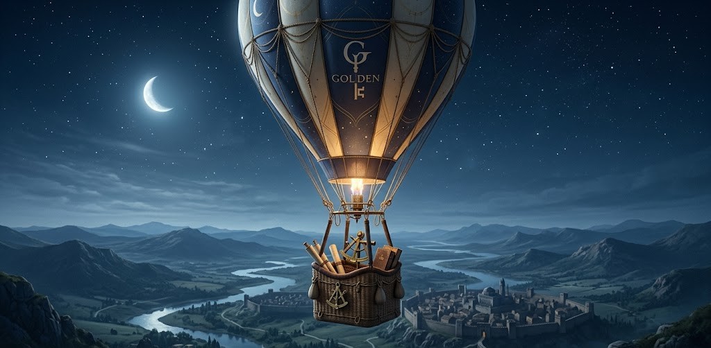 精神の静寂を象徴する夜空を、内なる秩序へと導く黄金の気球が穏やかに飛行する、論理夢哲学的な風景。