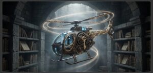 論理夢哲学に基づき、精神の俯瞰と自律神経の調律を象徴する、黄金の鍵を冠したヘリコプターの概念図。