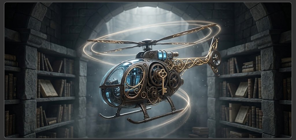 論理夢哲学に基づき、精神の俯瞰と自律神経の調律を象徴する、黄金の鍵を冠したヘリコプターの概念図。