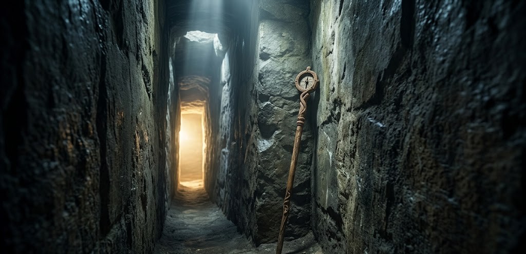 狭い岩の隙間を通り抜け、光の射す出口へと向かう象徴的な通路。新生と論理夢哲学を意味する黄金の杖が置かれた神秘的な風景。