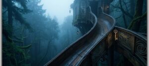 深い森の中にある、論理夢哲学の「黄金の鍵」が掛かった、神秘的で格調高い木製の滑り台。Dream Codexの記事用。