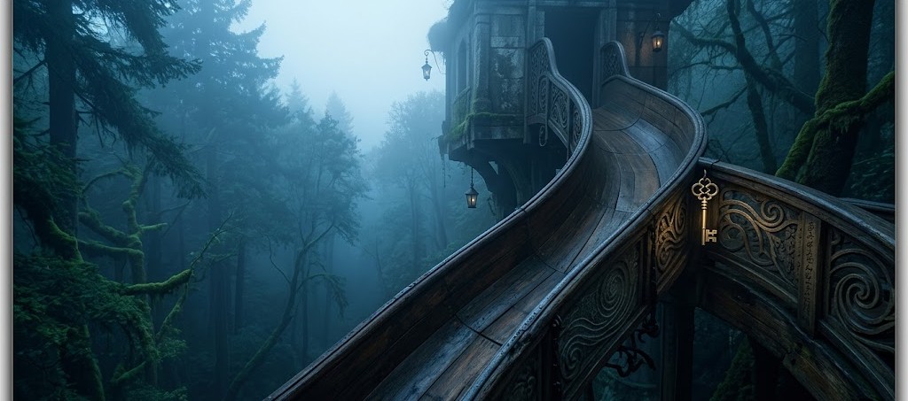 深い森の中にある、論理夢哲学の「黄金の鍵」が掛かった、神秘的で格調高い木製の滑り台。Dream Codexの記事用。