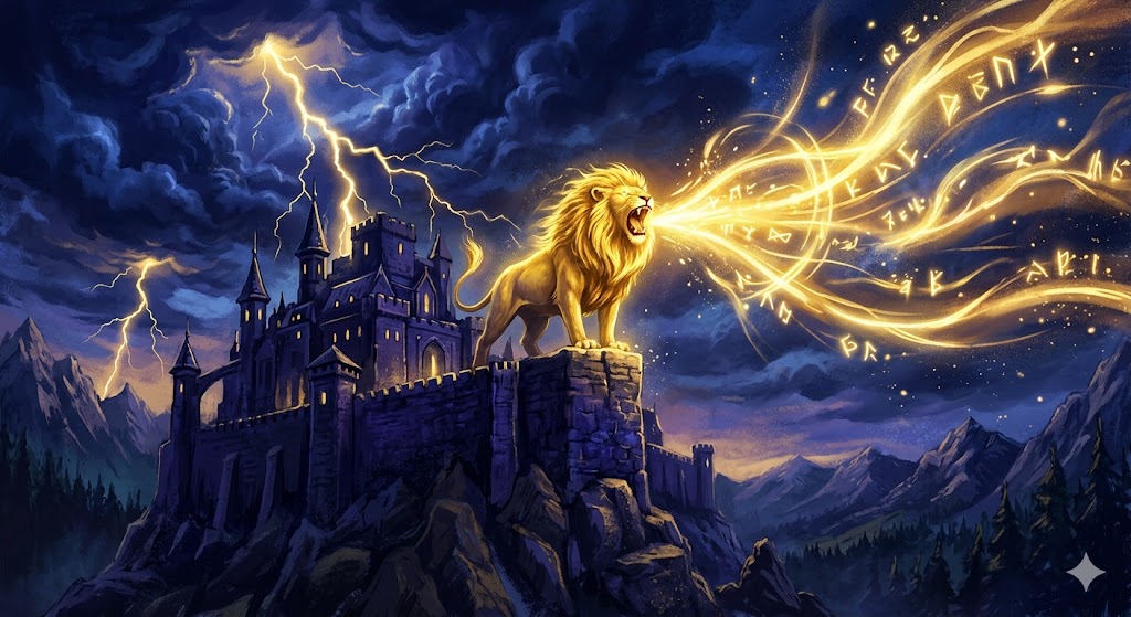 クレームを言う夢の象徴——深い藍色の王城から放たれる黄金の咆哮と、自己主権の回復を告げる光の波動を描いた幻想的なイラスト