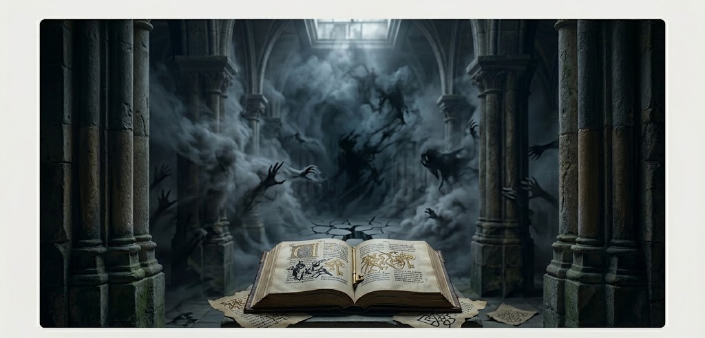 追いかけられる夢の深層心理と、足が動かない感覚を生命の防衛本能の視点から紐解く、静謐な回廊と知恵の写本の象徴。