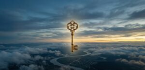 高い空に浮かぶ黄金の鍵と、重力から解放され雲海を俯瞰する概念的な視座。夢で浮く・飛ぶ意味である「精神の垂直性と自由」を象徴する、格調高い論理夢哲学の風景。