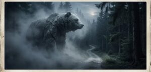 霧が立ち込める静寂な森の中、月明かりに照らされた巨大な熊の石像。生命の防衛本能（自律神経）による「不動化」と、その深層心理にある論理的な意味（黄金の鍵）を象徴する、Dream Codex 20年の叡智を込めた格調高い精神風景。