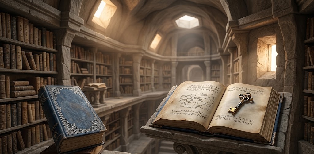 閉じ込められる夢の意味を論理夢哲学で解読する。石造りの巨大な図書館（心身のシェルター）で、開かれた写本に黄金の鍵が置かれている格調高い風景。自律神経のサインを読み解き調律へと導く象徴。