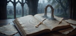 黄金の鍵が途切れた論理の地図を指し示す、大学の単位不足の夢を象徴する格調高い古文書と静寂な学び舎の風景