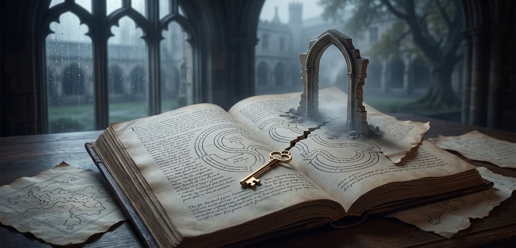 黄金の鍵が途切れた論理の地図を指し示す、大学の単位不足の夢を象徴する格調高い古文書と静寂な学び舎の風景