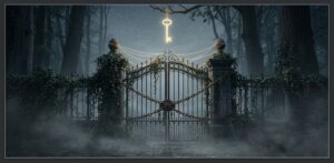 鎖で閉ざされた森の門と上空に浮かぶ黄金の鍵。動けない夢の心理と論理的解決を示す象徴。