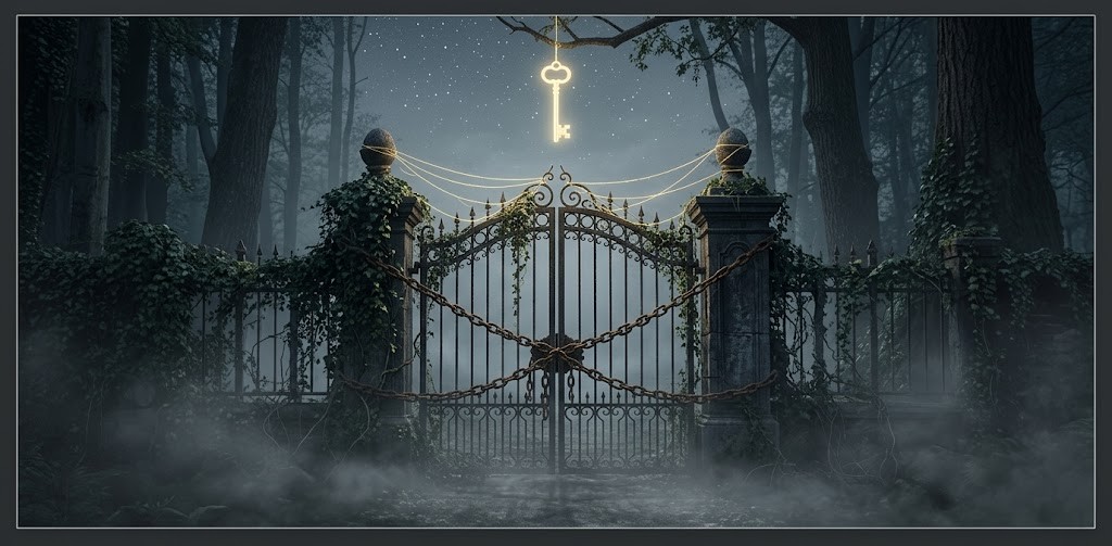 鎖で閉ざされた森の門と上空に浮かぶ黄金の鍵。動けない夢の心理と論理的解決を示す象徴。