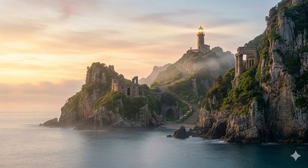 朝焼けの中、霧を切り裂いて光を放つ、断崖絶壁の上の石造りの灯台。Dream Codex「覚醒の島」の見張り小屋のイメージ。