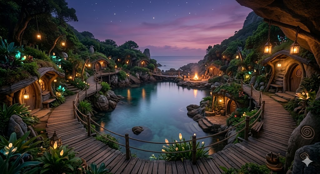 夕暮れ時、温かいランタンの光に包まれた、緑豊かな入江に佇む安らぎの集落。Dream Codex「調和の島」の充電所のイメージ。