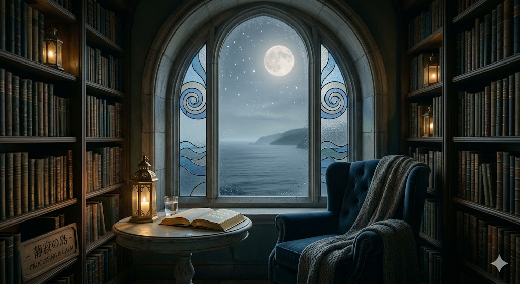 静かな月夜の図書館と、波立つ海を臨む窓辺。Dream Codex「静寂の島」の象徴イメージ。