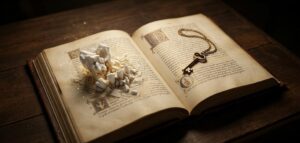 古い写本の上に置かれた、砕ける歯を象徴する崩れた鉱物と、それを読み解く黄金の鍵。Dream Codexが10年の論理夢哲学で夜間低血糖のサインを調律。