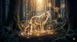 動物の夢をユング心理学的視点で象徴化した、野生の本能と内なる秩序が共生する静かな森のイメージ