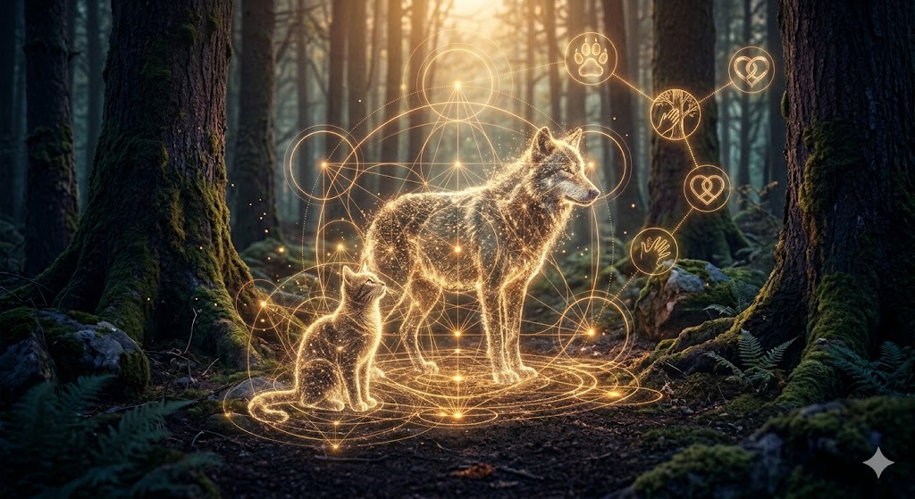 動物の夢をユング心理学的視点で象徴化した、野生の本能と内なる秩序が共生する静かな森のイメージ