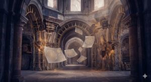 建築物の夢をユング心理学的視点で象徴化した、修繕される静謐な石造りの回廊のイメージ