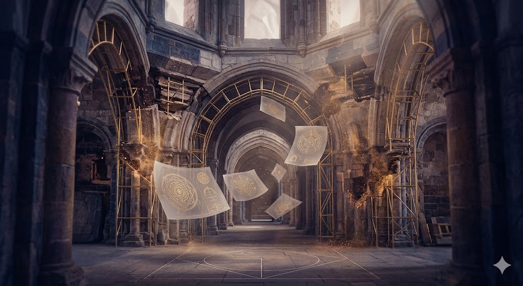 建築物の夢をユング心理学的視点で象徴化した、修繕される静謐な石造りの回廊のイメージ