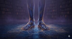 足が動かない夢を現象学的視点で象徴化した、静寂のリズムと大地に根差す意識の器のイメージ。