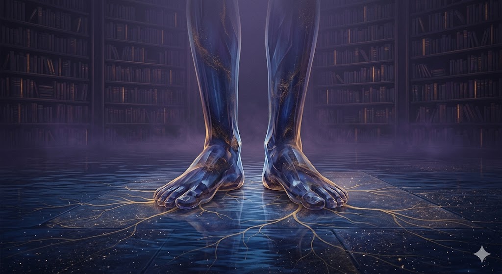 足が動かない夢を現象学的視点で象徴化した、静寂のリズムと大地に根差す意識の器のイメージ。