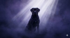 黒い犬の夢の象徴——深い霧の中で静かに座る「シャドウ（影）」を表現した、幻想的で静謐なイラスト