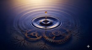 「病気になる夢を現象学的視点で象徴化した、静かな水面に広がる波紋と内なるリズムの調律イメージ」