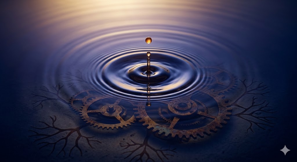 「病気になる夢を現象学的視点で象徴化した、静かな水面に広がる波紋と内なるリズムの調律イメージ」