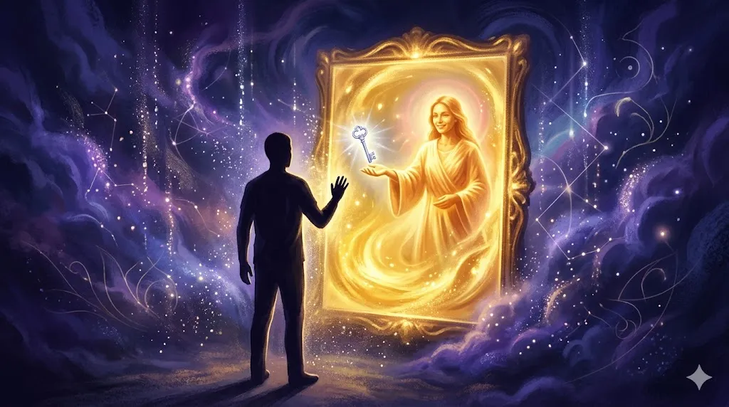 ユング心理学における黄金の影の受容と人格の再統合を視覚化した象徴的なイラスト