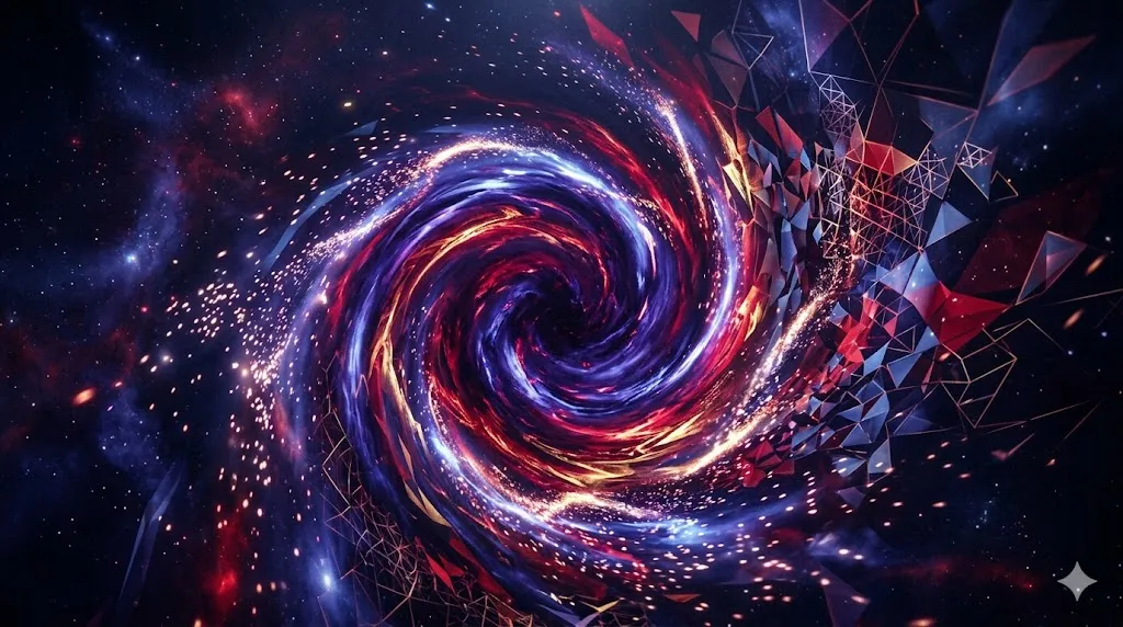 複雑系科学における相転移と内なる秩序の動的な再編を視覚化した抽象的なイラスト